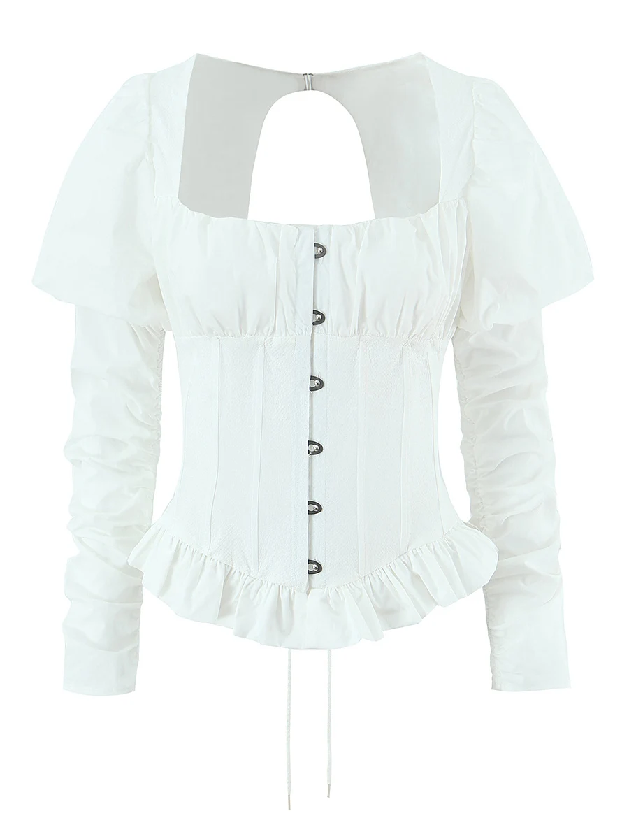 

French Sle Slimming Long Sve irt Women's Padded oulder Square Collar Belted Waist Hem Ruffle Detail Polyester Fiber