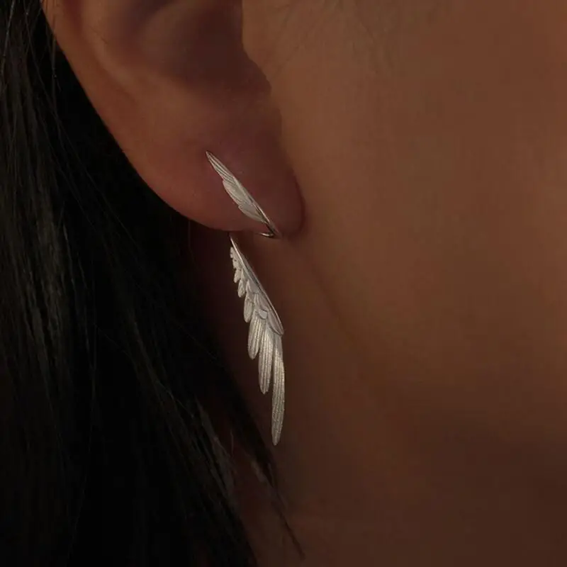 Long Wing Stud Earrings for Women Silver Color Temperament Feather Earrings Trendy Jewelry Female Party Accessories Gifts