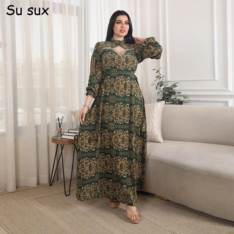 African Dresses For Women 2023 Dubai Abaya Muslim Maxi Dress Vintage Pring Hollow Out Collar Long Dresses Robe Africains Femme