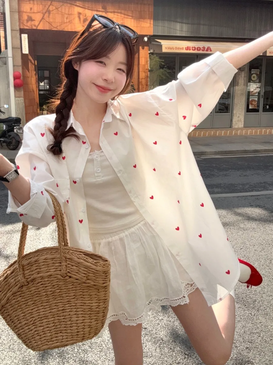 

plus Size Women's Casual Long Sleeve Shirt Jacket Heart Pattern Slimming Spring Versatile Leisure Age-Defying Top