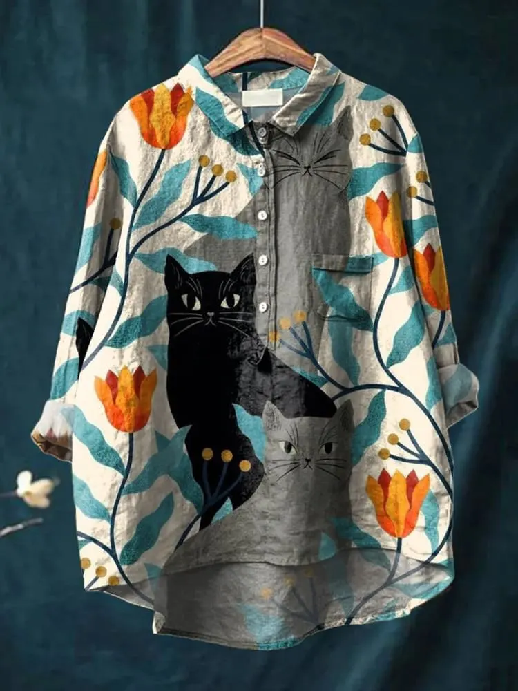 Simple Colorful Flat Cat Pattern 3D Printed Fashion Women's Lapel Long Sleeve Pocket Shirt Spring Casual open tube shirt KT-20