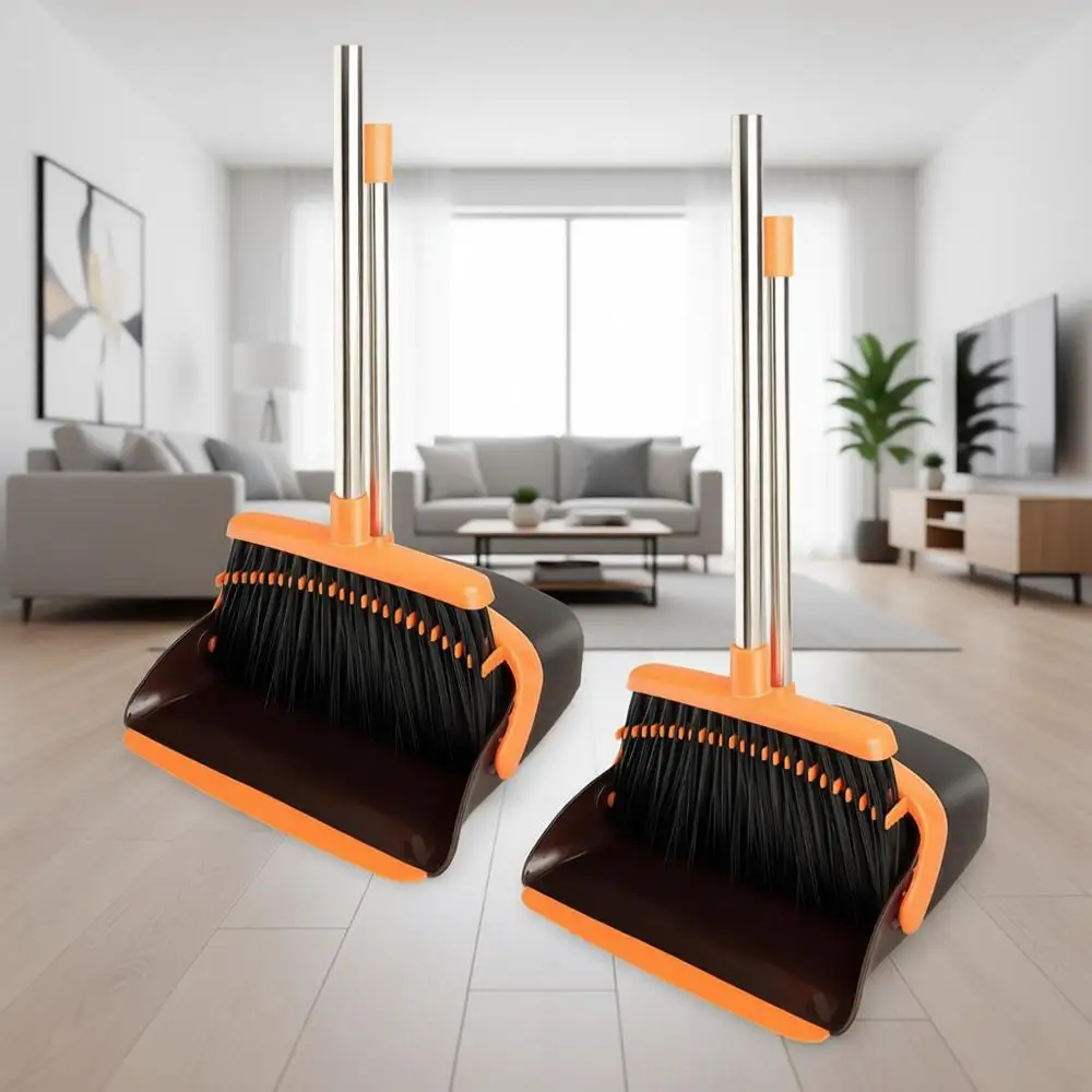 

2-Pack Long Handle Broom and Dustpan Set, Heavy Dust Broom and Dustpan Combo for Home, Kitchen, Office, Pet Hair (Brown Orange)