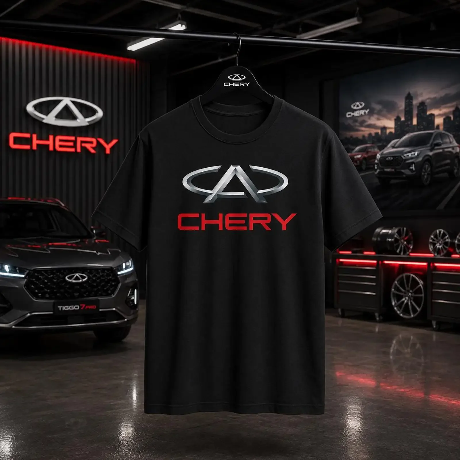 Chery Logo T-Shirt, Automobil-Emblem, Automarke, Vintage, gewaschen, für Herren, vielseitig, atmungsaktiv, Unisex, weiche Grafik, leicht modisch