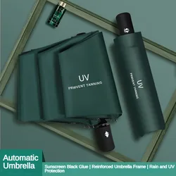 24 Bone Fully Automatic Rain Umbrella UV Protection Sunshade Umbrella 3-stage Folding Sunscreen Black Film Sunblock Umbrella