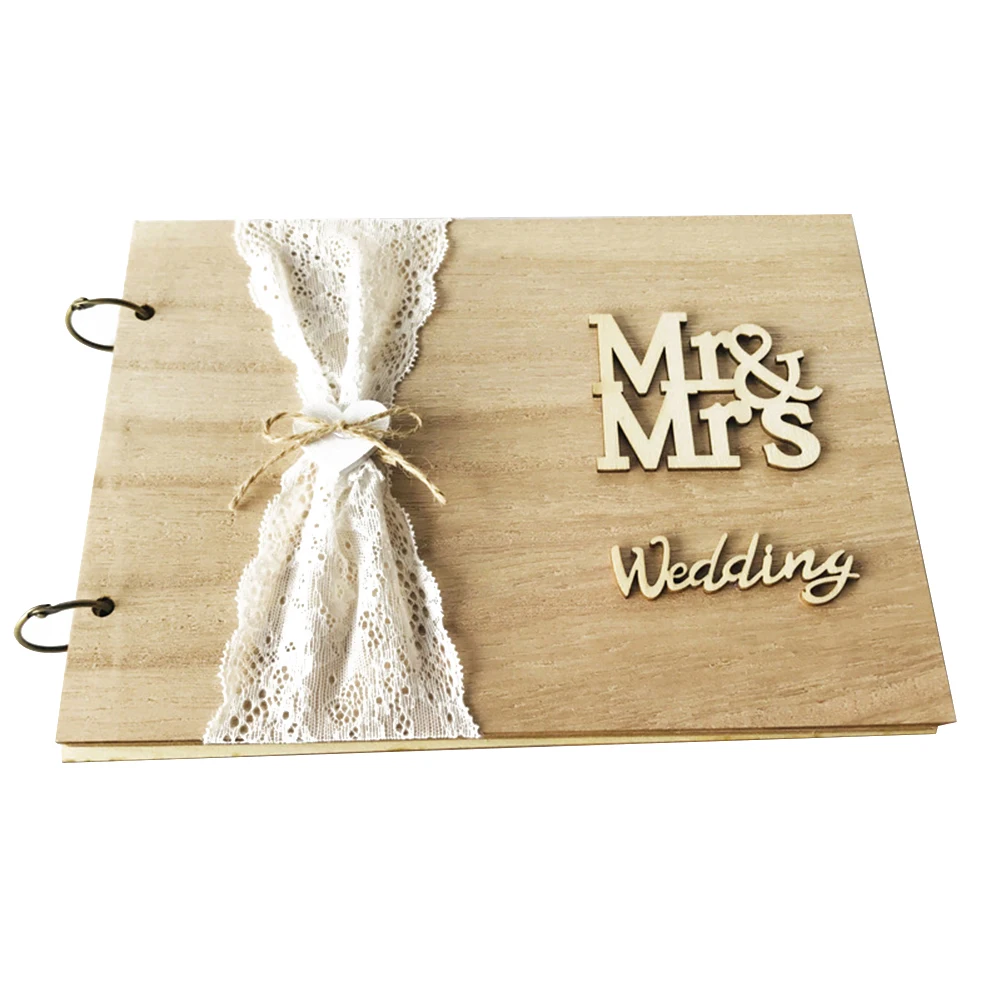 10/20 Pages Wedding Guestbook Signs Wood Guest Book Mrs Mr Photo Frame Decor for Marriage Anniversary Party Decor