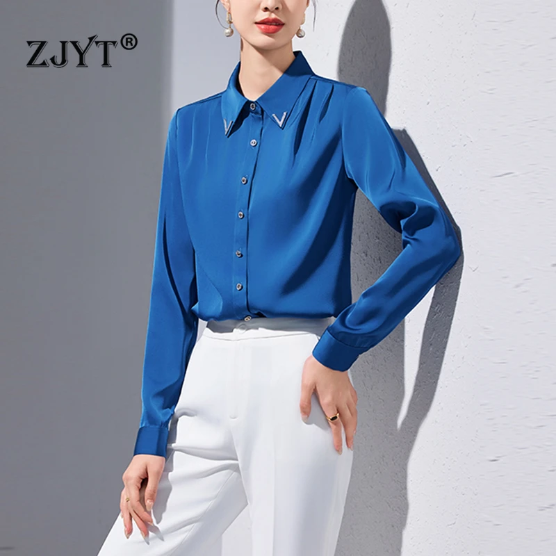 

ZJYT Korean Fashion 2024 Autumn Women's Shirts & Blouses Long Sleeve Turn Down Collar Camisas e Blusas Female Tops Plus Size