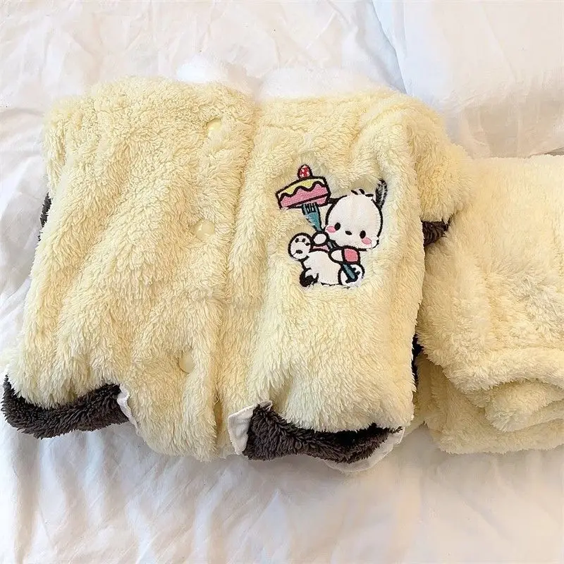 귀여운 포차코 후드 잠옷 여아용 상의 및 바지, 가을 겨울 산호 벨벳, 두꺼운 커플 만화, 귀여운 캐주얼 홈 웨어 세트