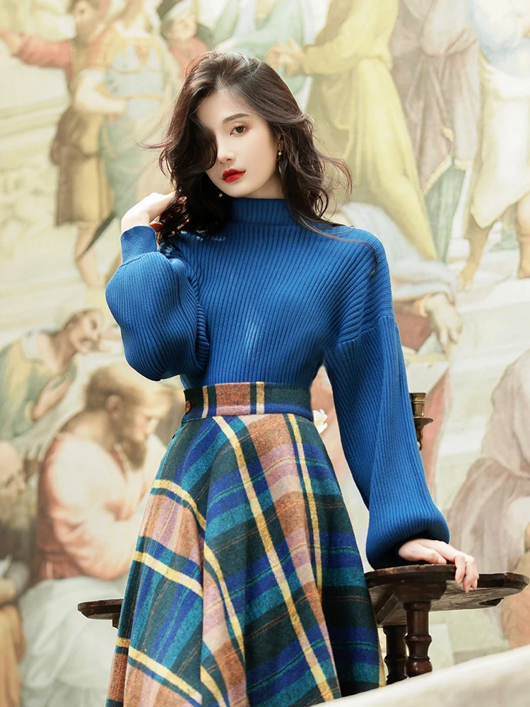 Vintage Elegant Two Piece Skirt Set Women Spring Autumn Long Sleeve Blue Sweater and Long Skirts Winter Outfits