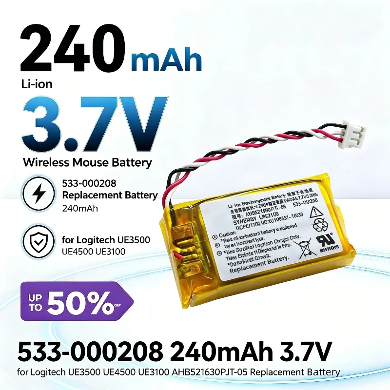 533-000208 240mAh 3.7V Wireless Mouse Battery for Logitech UE3500 UE4500 UE3100 High‑quality Replacement Battery AHB521630PJT-05