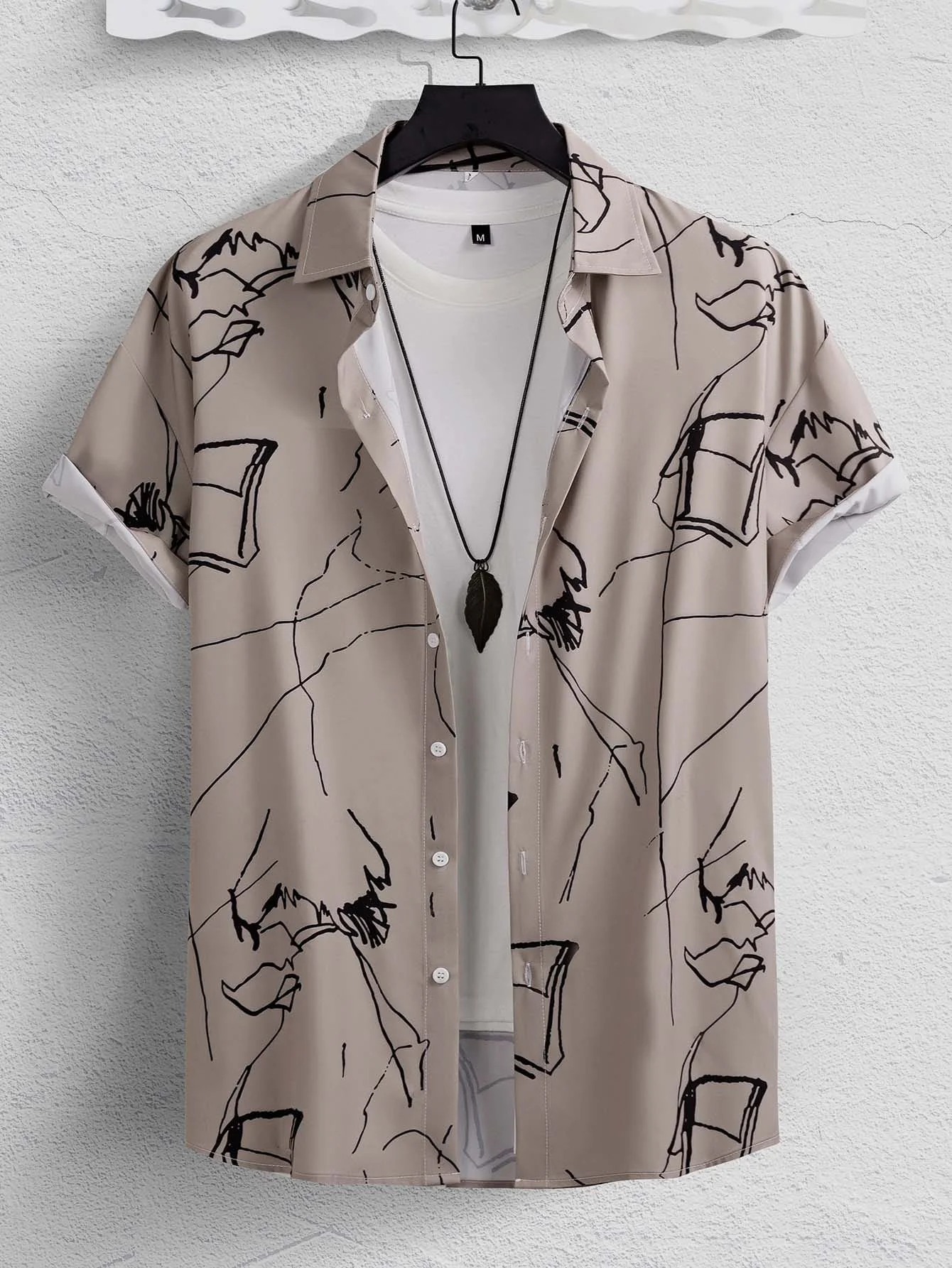

Men's Beige Abstract Line Print Short Sleeve Button-Up Shirt