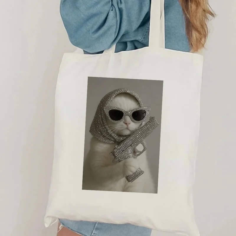 

Bling Cat Canvas Bag Tote Bag Shoulder Bag Handbag Rhinestone Gun Sunglasses Hood Print Streetwear Hip Hop Aesthetic Gift
