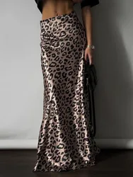 Mozision Satin Leopard Print Long Skirt Women Fashion High Waist Maxi Fishtail Skirt Ladies Fashion With Zipper Sexy Skirts