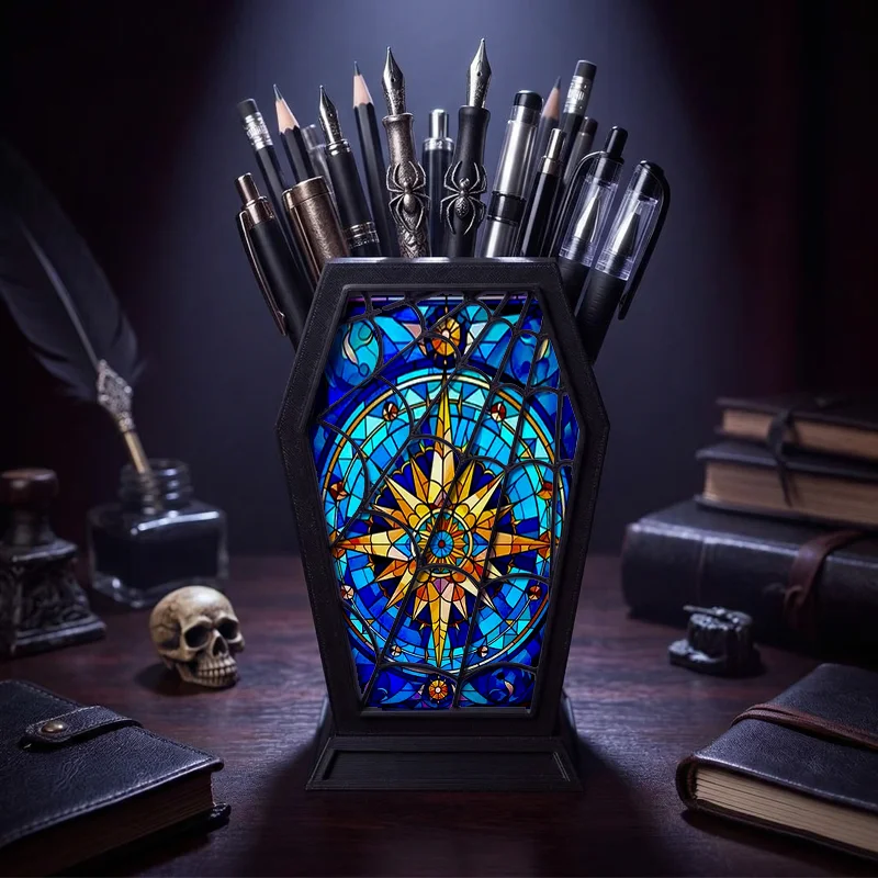 Gothic Coffin Pen Holder with Stained Glass Compass Print - Spooky Dark Academia Desk Organizer for Halloween & Witchy Lovers