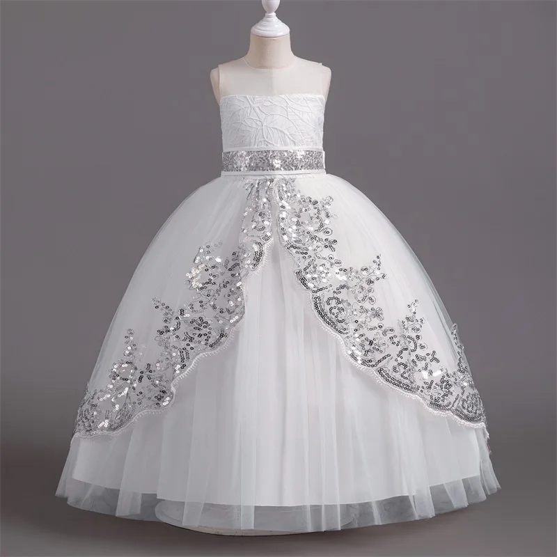 Elegant Flower Party Dress for Girls Summer Sequins Lace Wedding Princess Dress Children Birthday Banquet Long Gala Gown 4-10Yrs