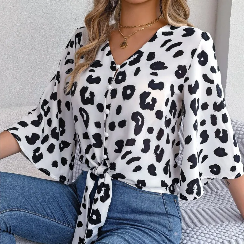 Elegant Flared Sleeve Cardigan Shirt For Women 2024 Autumn Casual Leopard Print Lace Up Chiffon Shirt Top Femme Blusa Chemisier