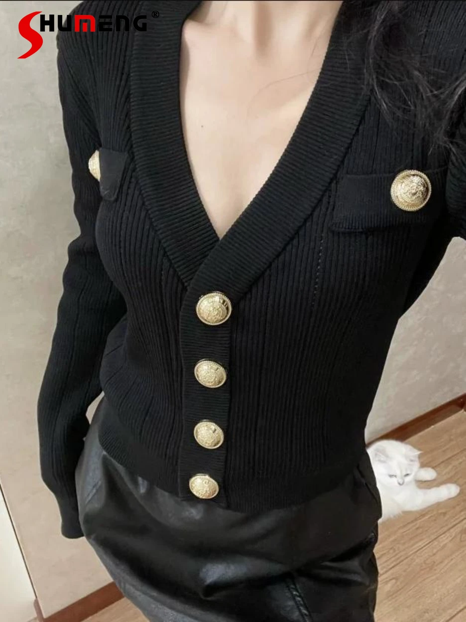 

2024 Spring Autumn Solid Color V-neck Slimming Sweater Cardigan Slim-Fit Long-Sleeved Shoulder Pad Top Fashion Knitted Coats