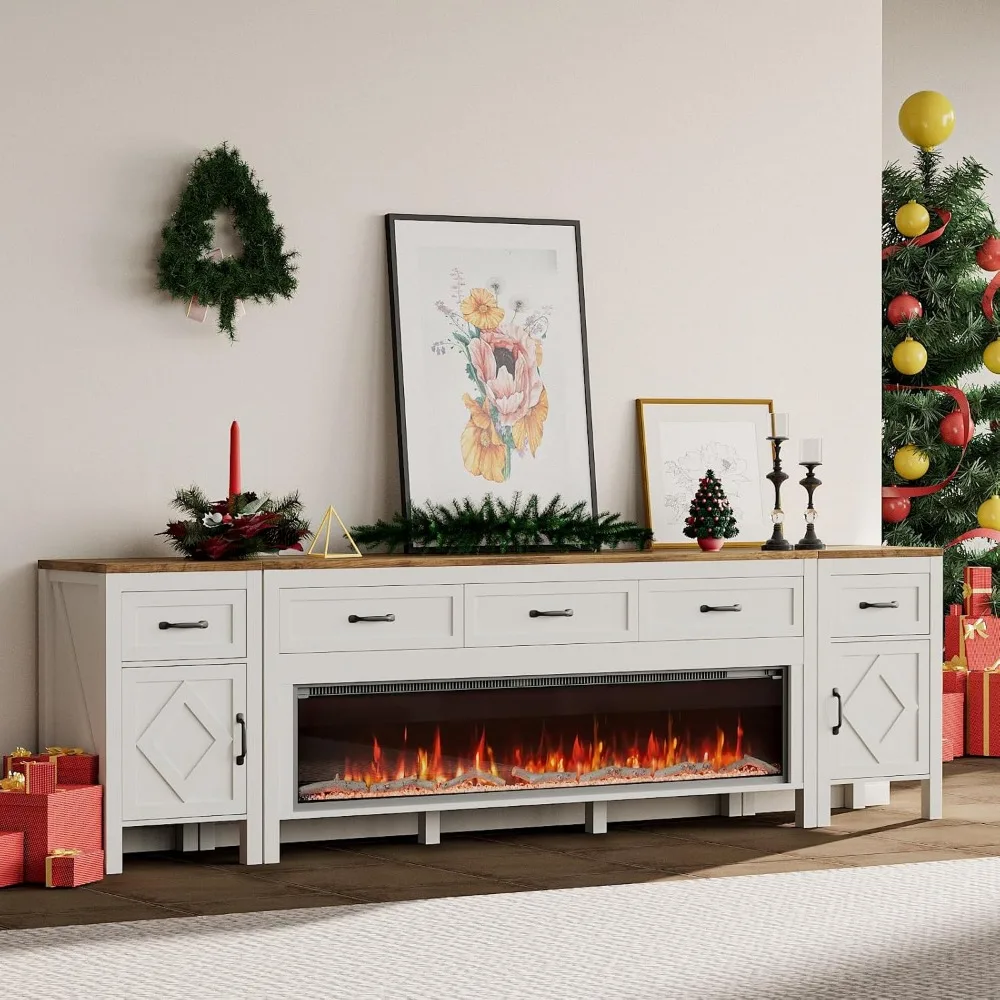 حامل تلفزيون حديث مع مدفأة لأجهزة التلفاز حتى 100 بوصة، مركز ترفيه مع مدفأة كهربائية 60 بوصة، وحدة تحكم تلفزيون مقاس 98 بوصة مع #1