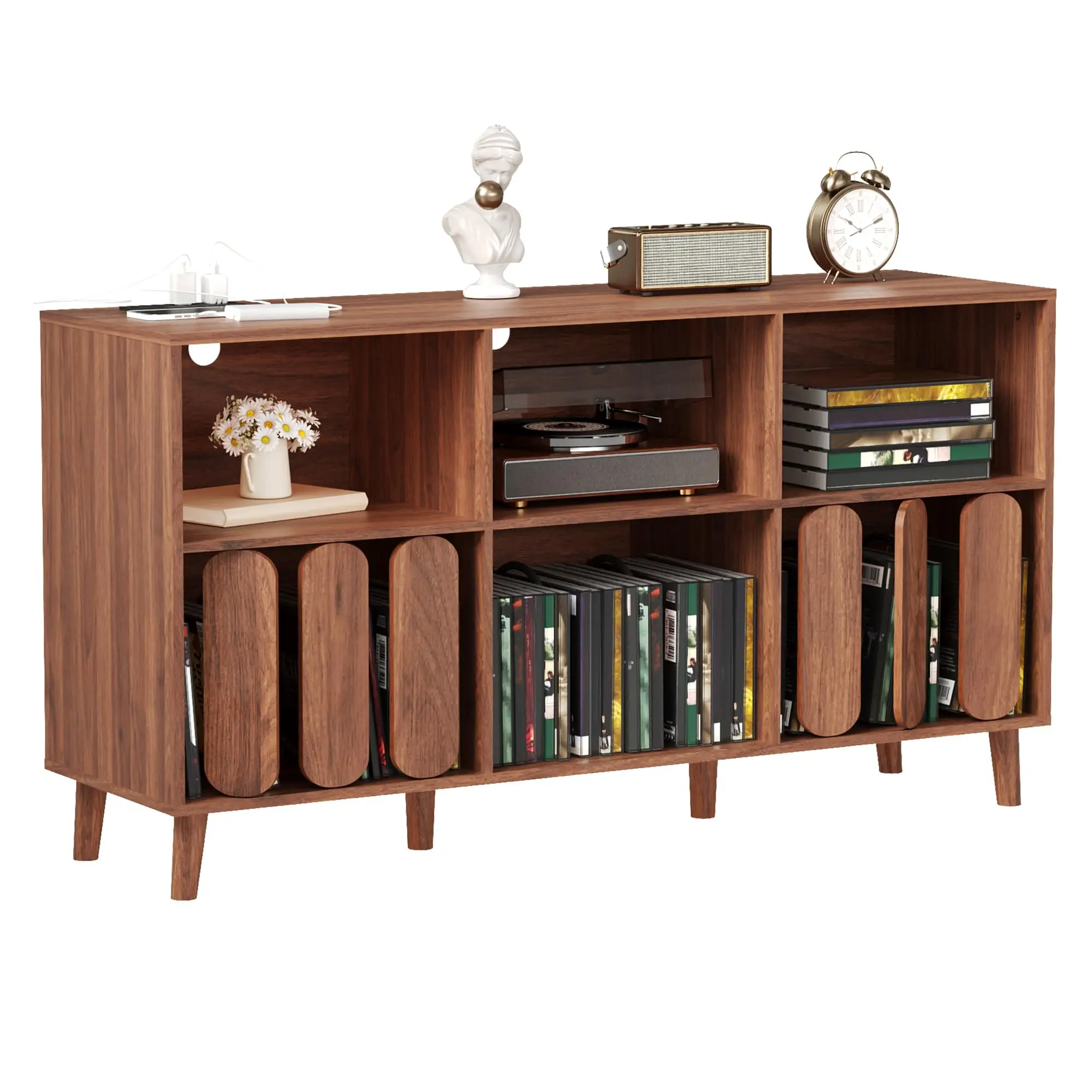 55.11'' Large Record Player Stand, Modern Wood Vinyl Record Storage Holder Shelf with Charging Station and 2 USB Ports, Mid Century Turntable Stand Player Table Storage Cabinet for Living Room