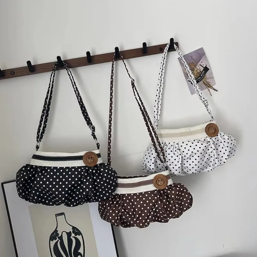 Casual Polka Dot Underarm Bag Wooden Button-Decor Adjustable Strap Shoulder Bag Pleated Handbag Women