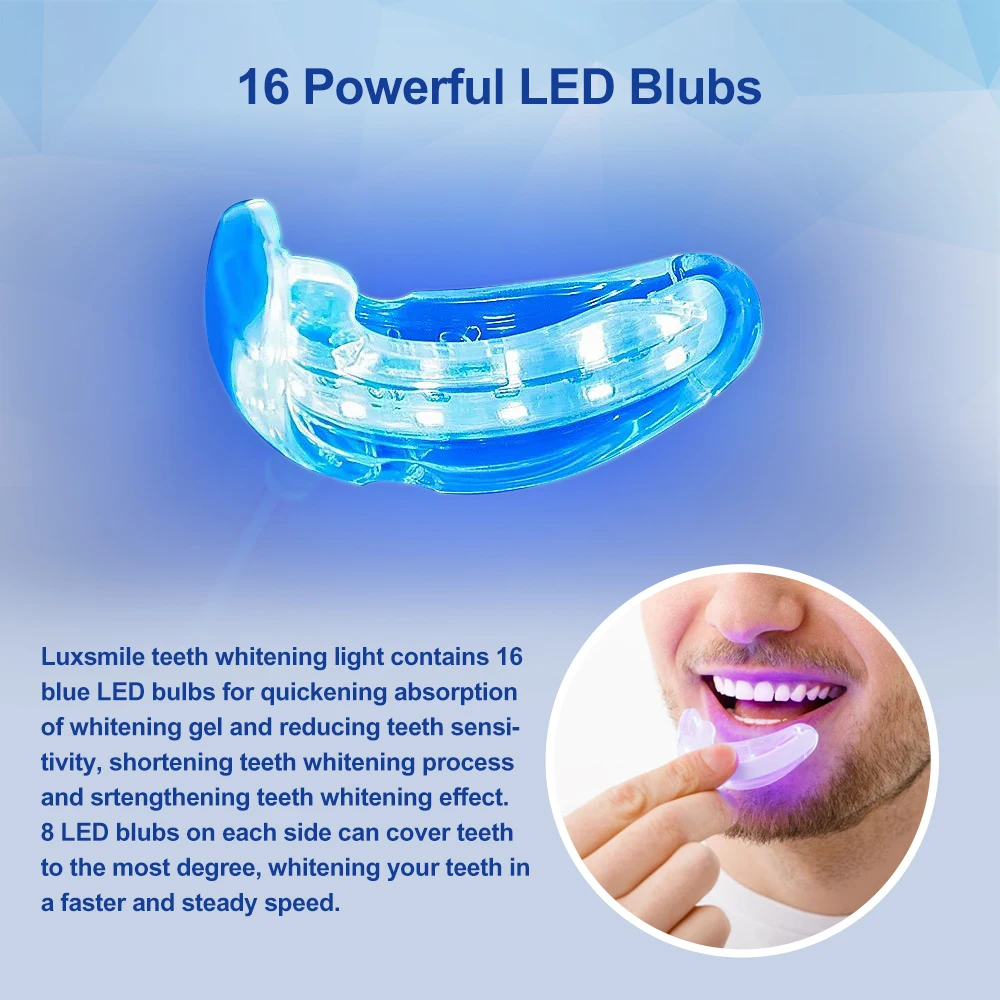 Luz de clareamento dental com bandeja bucal, 16 led, acelerador, luz azul para clareamento dental, temporizador inteligente, alimentado por usb do telefone