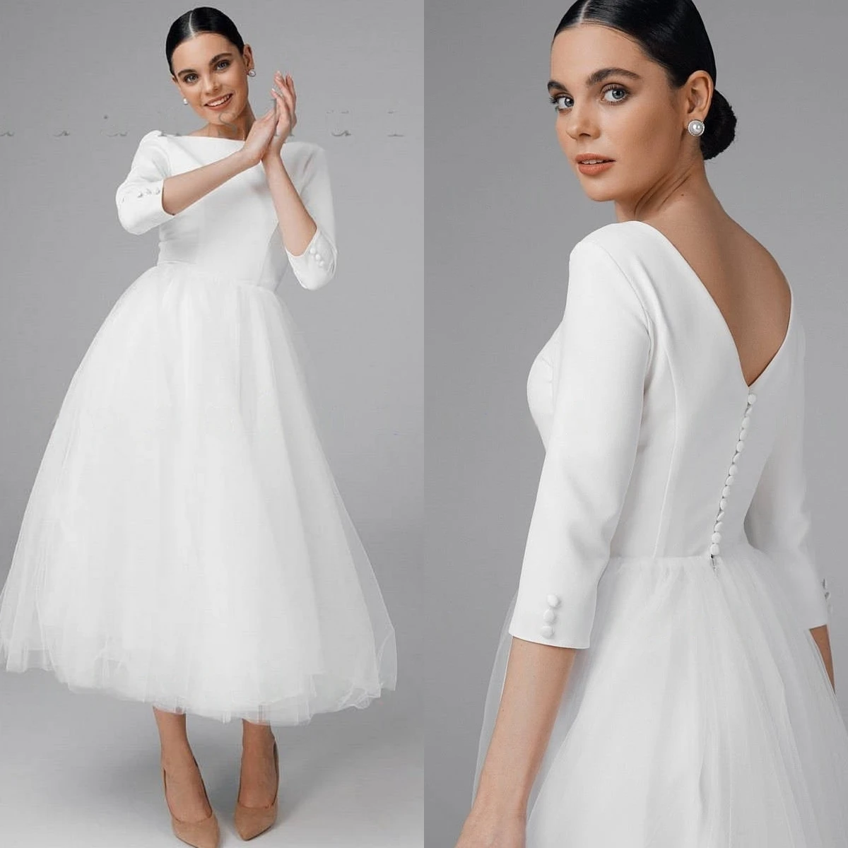 

Customized White Tulle Formal Wedding Dress Classic O-Neck Modern Half Sleeves Fashion Ruched Luxury Bridal Party Bridal Gowns