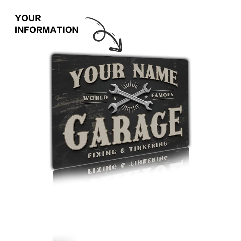 Custom Name Garage Sign - Personalized Vintage Aluminum Tin Sign for Man Cave, Workshop, Bar Decor, Pre-drilled Easy Hang