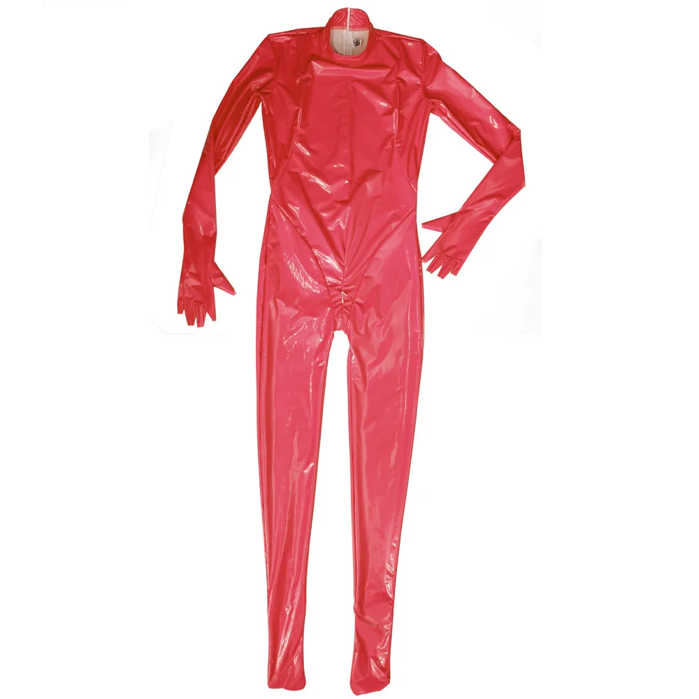 Women\'s Jumpsuits PVC Shiny Full Bodysuit Latex Elasitc Tights Zipper Open Crotch Half Finger Gloves Cosplay High Collar Leotard