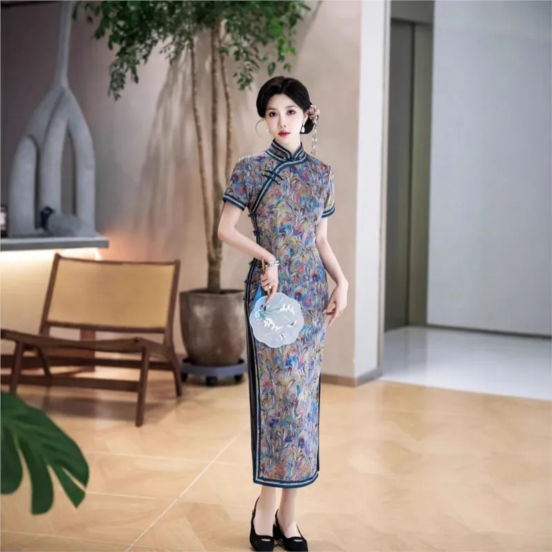 شيونغسام النمط الصيني الجديد فستان طويل الأداء بمزاج أنيق