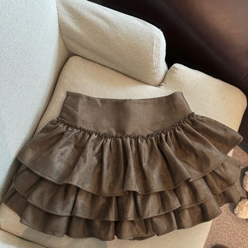 

Ruffles Mini Skirts Vintage Solid Autumn Winter Korean Fashion Faldas Mujer High Waist Elegant Sweet Woman Skirt