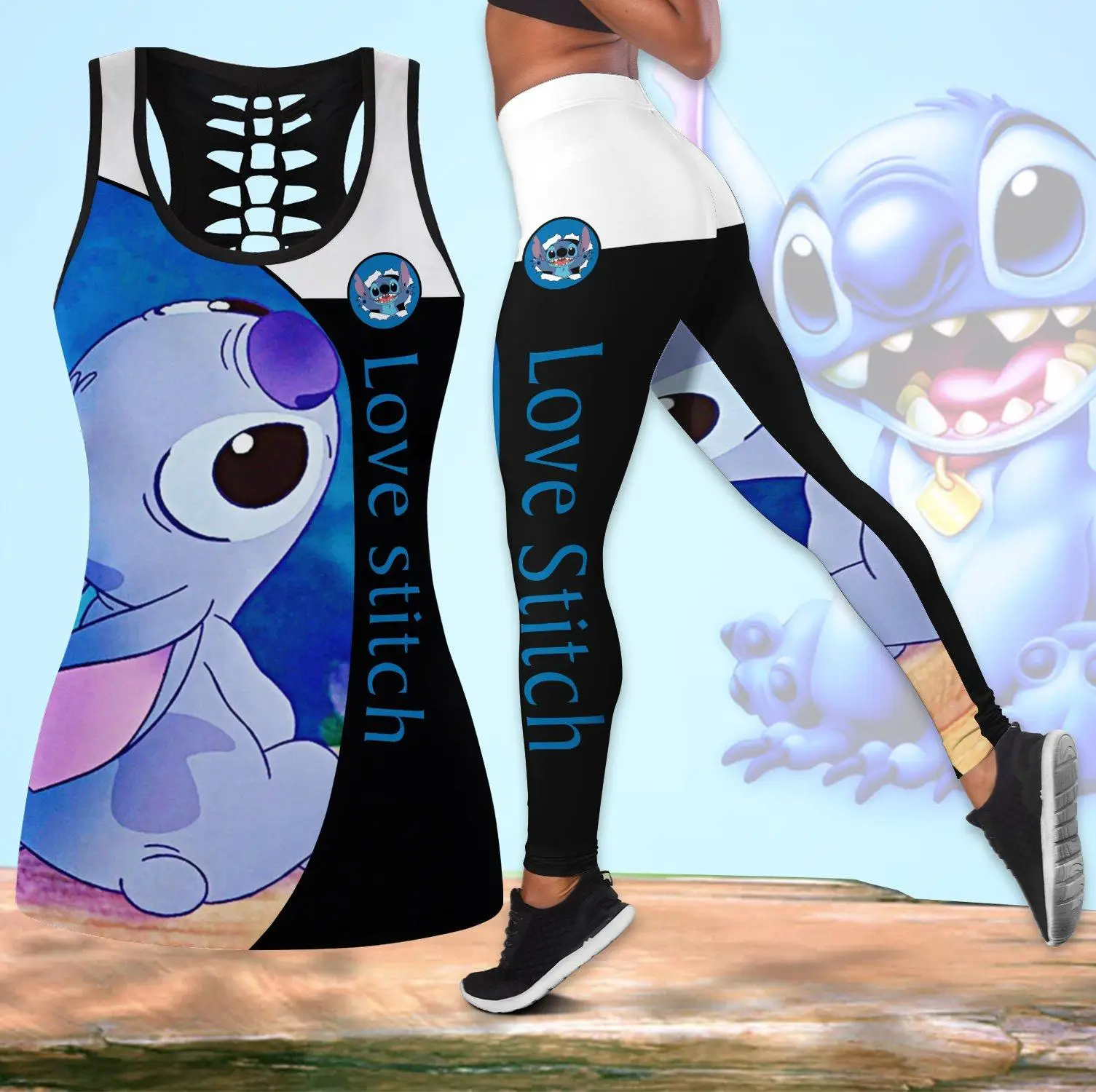 Stitch Women's Book Hollow Vest + Women's Leggings Yoga Suit Fitness Leggings Sports Suit Disney Tank Top Legging Set Outfit