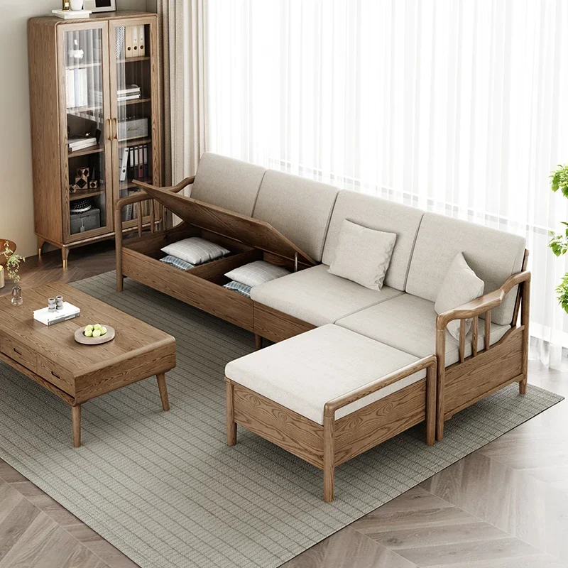 

solid wood sofa modern simple small apartment fabric winter and summer dual-purpose wood sofa living room furniture combination