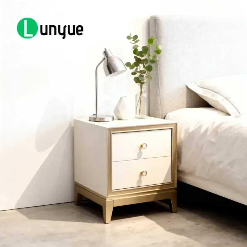Modern Beige Wooden Bedside Table with 2 Drawers Gold Trim Square Nightstand Durable Eco Friendly Handmade Storage Furniture