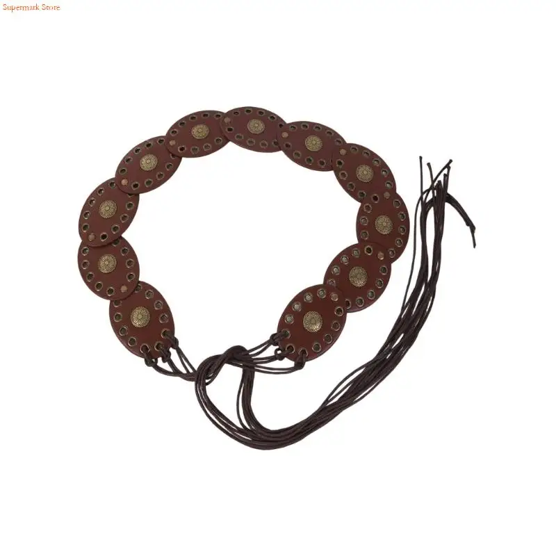 Q5WE حزام خصر مربوط بأربطة قابل للتعديل مع تصميم قرص بيضاوي بوهيمي لفساتين الجينز للنساء ملابس يومية لتزيين الخصر #2