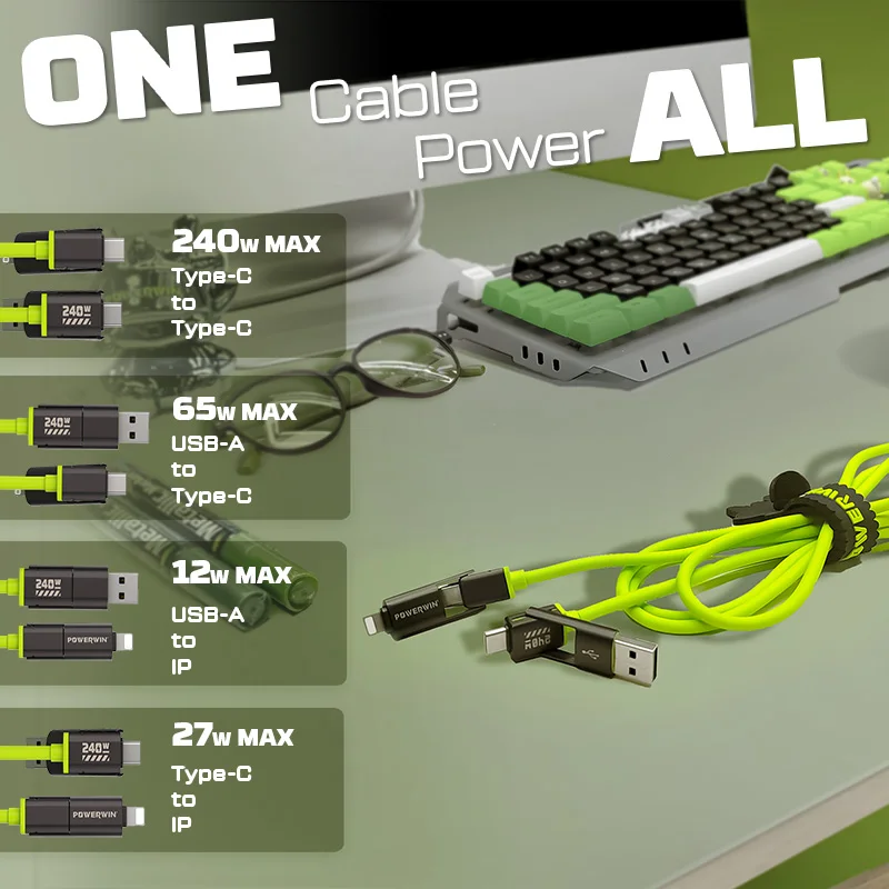 POWERWIN PWC240 240W 4 en 1 Cable de datos de carga rápida Cable tipo C Línea de cable de carga rápida multipuerto