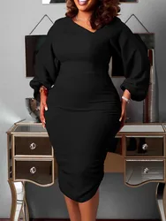 Women Autumn Daily Classic Wear Dress Irregular Collar Midi Length Dresses with Sleeves Ladies Black Elegant Dress Plus Size