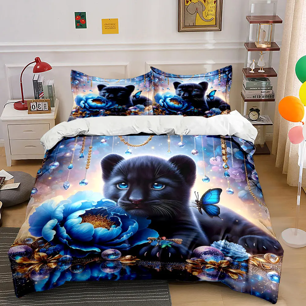 Black Cub Blue Flower Butterfly Dreamy Style Print Bedding Set 1 Duvet Cover 2 Pillowcases for Adult and Children Luxury Gift