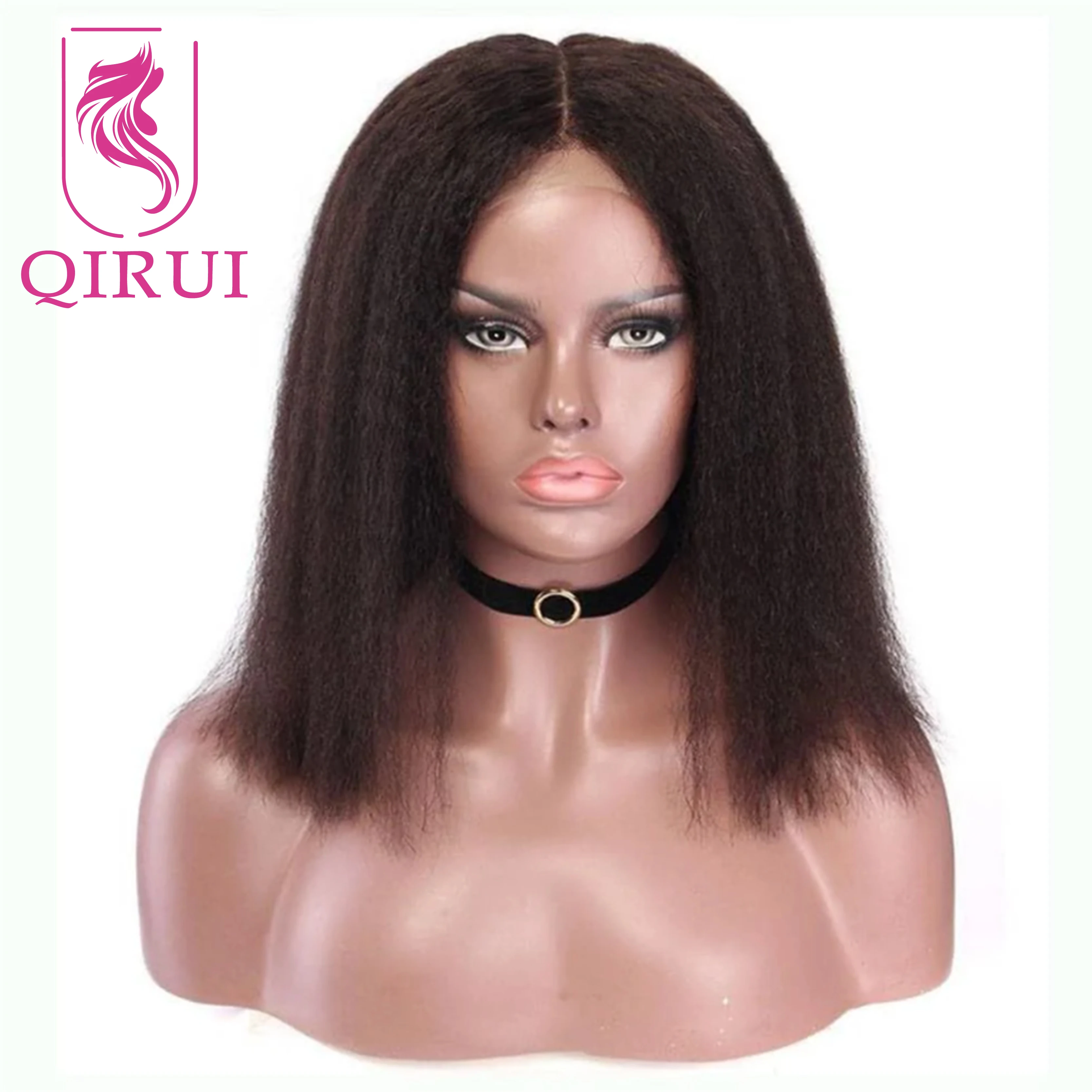 

Short Kinky Straight Silk Base Full Lace Wig Human Hair Glueless Italian Coarse Yaki Bob Silk Top Full Lace Wigs Color #2 #4