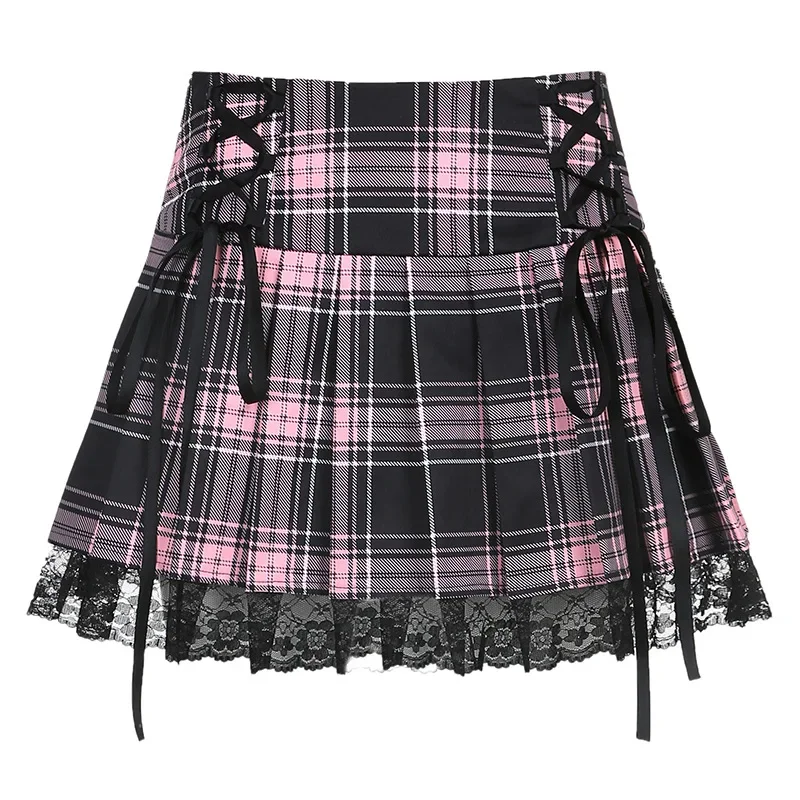 Goth Skirts Summer Y2K Woman Skirts Pink Stripe Plaid Lace Trim Pleated School Plaid Skirt Ladies Aesthetic Tie Up Jupe Femme