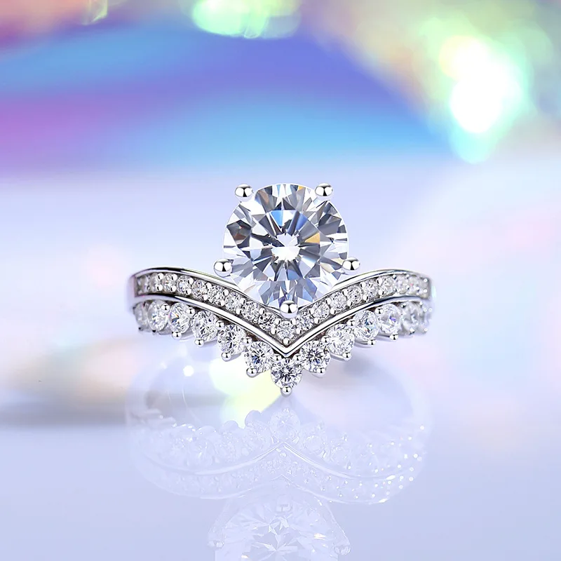 2 ct D color moissanite solitaire ring in sterling silver featuring elegant crown silhouette design ideal for modern brides and