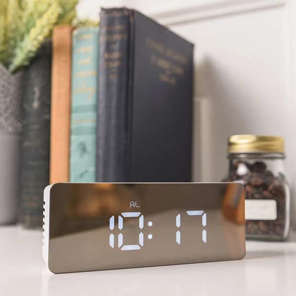 LED Mirror Alarm Clock Digital Display Multifunctional Modern USB Cable Powered Indoor Temperature Night Mode Bedroom Office