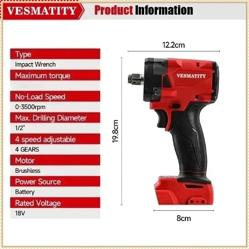 Professional grade 500NM 1/2 inch cordless brushless impact driver for car tire changing and truck repair for Milwaukee battery