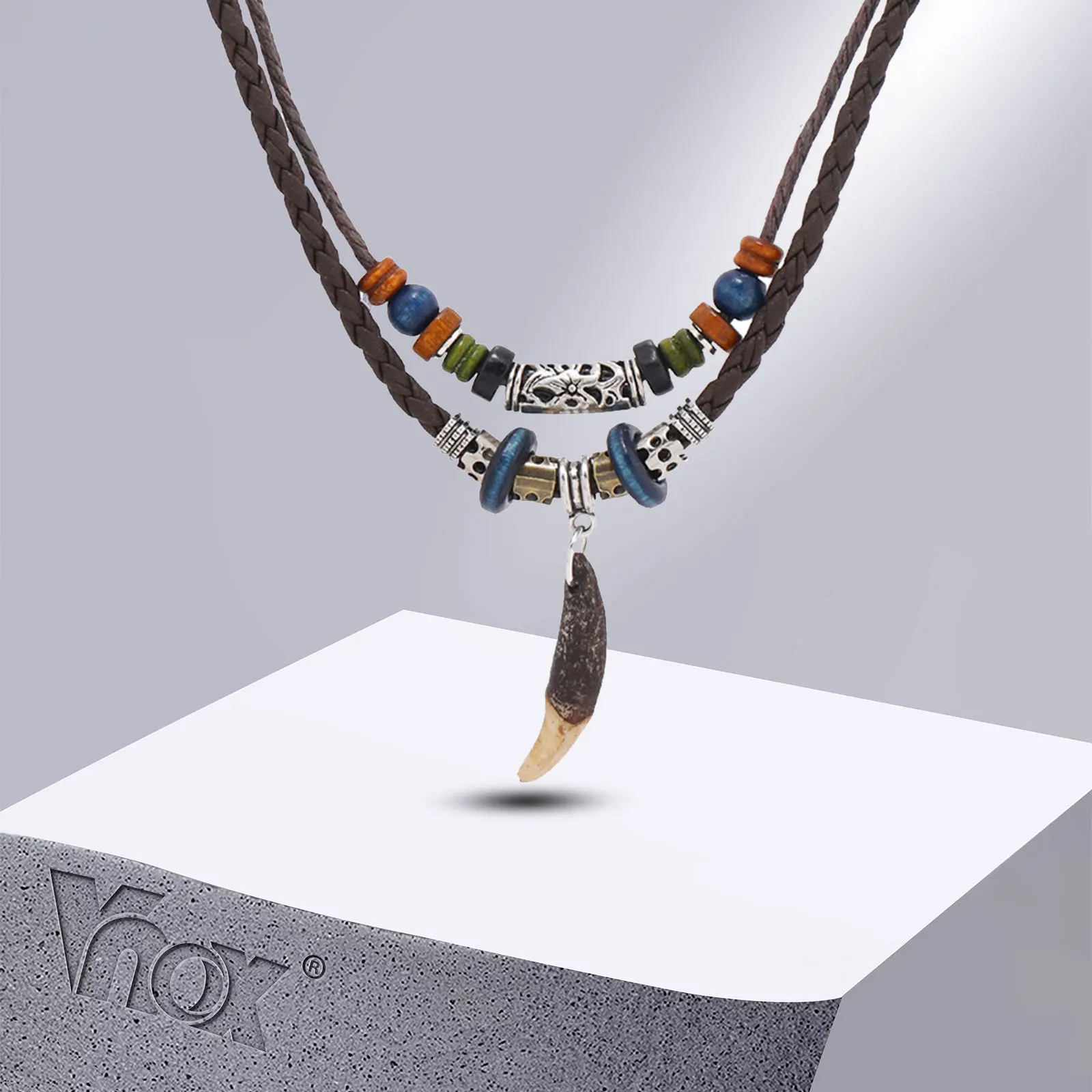 Vnox Ethnic Dog Tooth Pendant Necklaces for Men Women,Double Layers Beaded Charm Leather Rope Chain Tribal Collar Jewelry Gifts