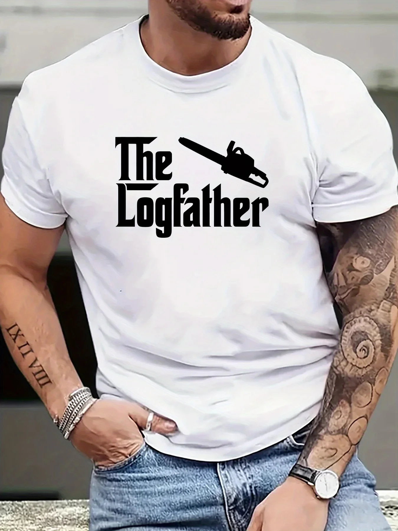 The Logfather Chainsaw Mens Crew Neck T Shirt Lumberjack Humor Print Short Sleeve Casual Cotton Work Streetwear Daily Tee