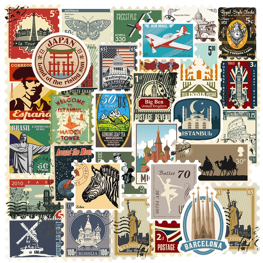 10/50/100Pcs Vintage Travel Stamps Stickers Rock Stickers Scrapbook Mobile Phone Laptop Guitar Stationery DIY Waterproof Sticker