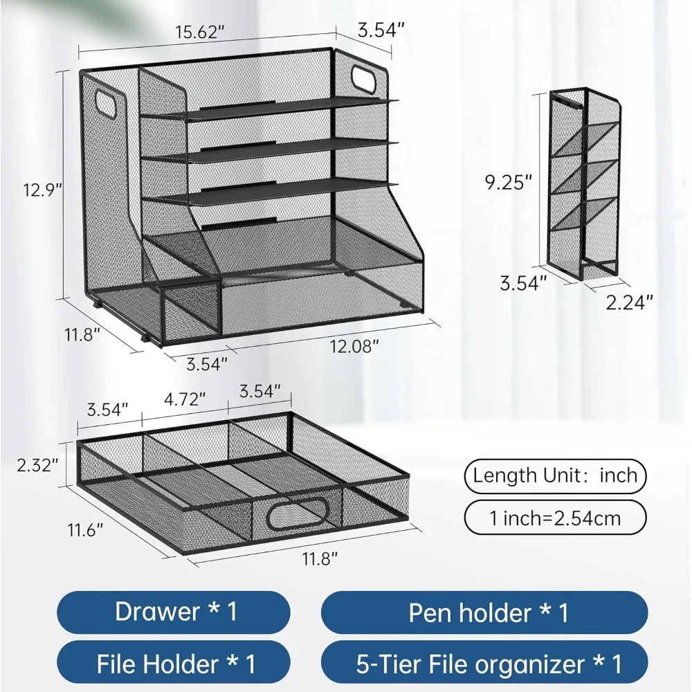 Desk Organizer with File Holder, 5-Tier Mesh Paper Letter Tray Organizer with Pen Holder and Drawer,