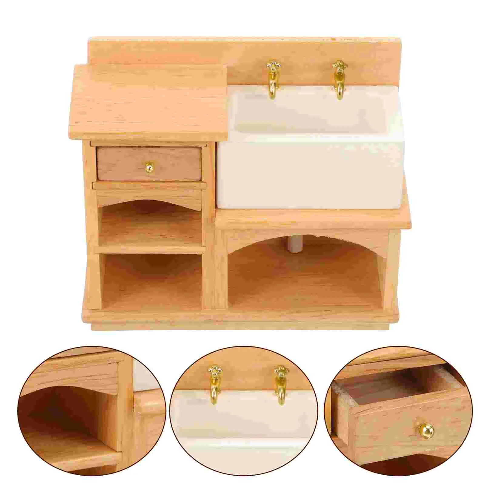 

1:12 Dollhouse Miniature Furniture Set Solid Wood Wash Basin Teak Color Realistic Miniature Sink Cabinet Dollhouse Decor