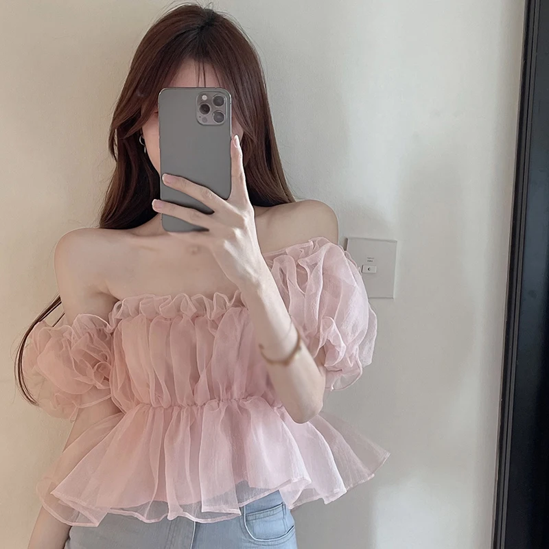 Summer Women\'s Off Shoulder Blouse Short Puff Sleeve Top Fashionable Apricot Sweet Square Neck Short Sleeve Tops