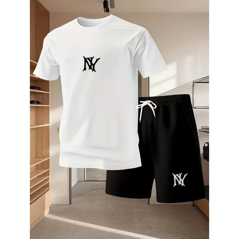 

2 men's loose suit black and white color T-shirt shorts set summer casual wear breathable round-neck short sleeve