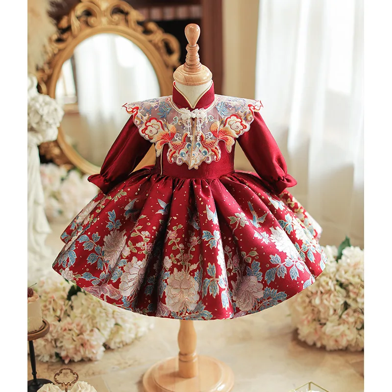 

2024 Красное новое стильное шаль для девочек, элитное китайское платье Cheongsam в национальном стиле на день рождения, Банкетное платье принцессы Чжуачжоу