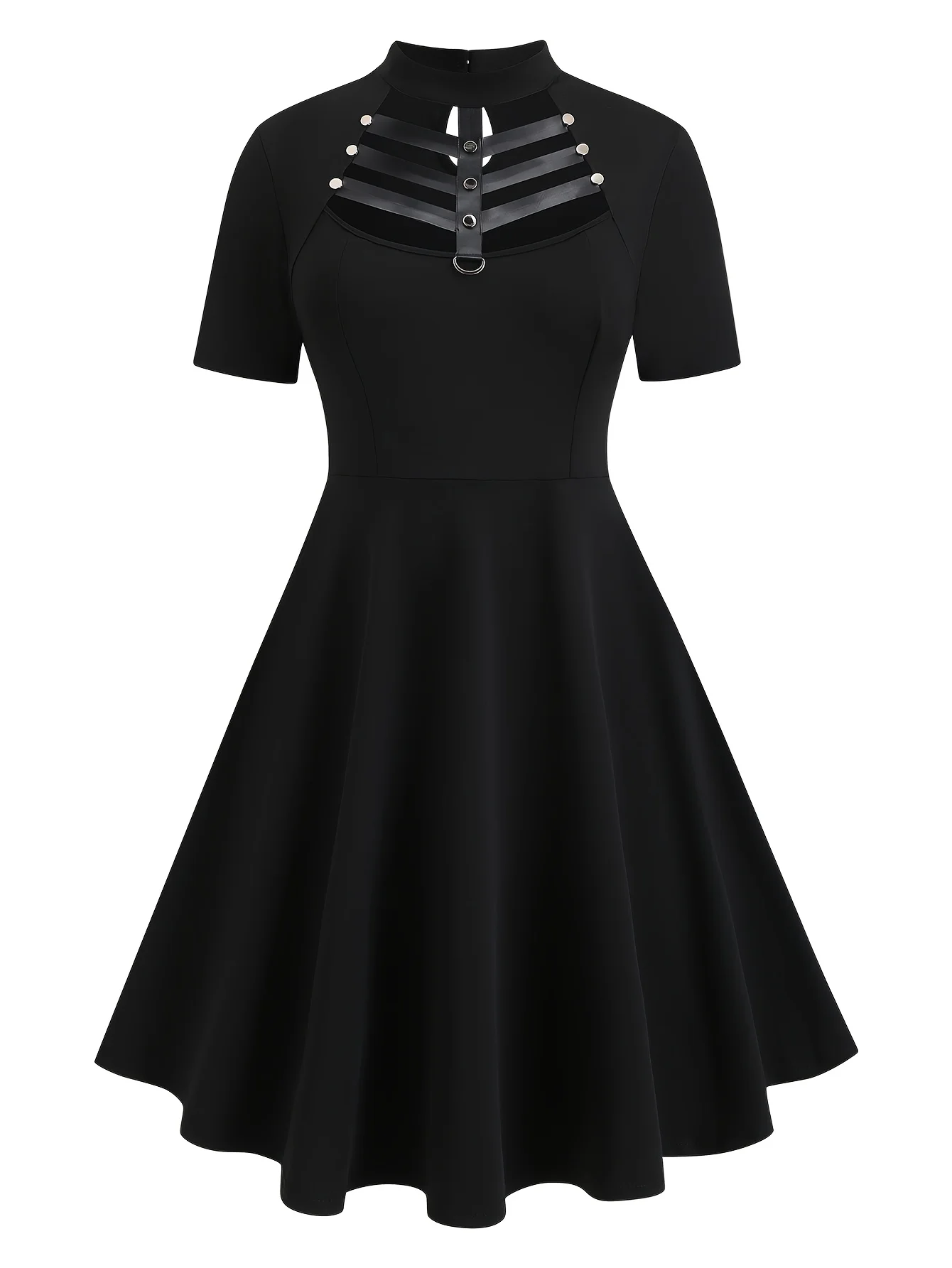 

This black short-sleeved, high-belted, lace-up, cutout punk rock retro dress with a Gothic style is perfect for party Cosplay